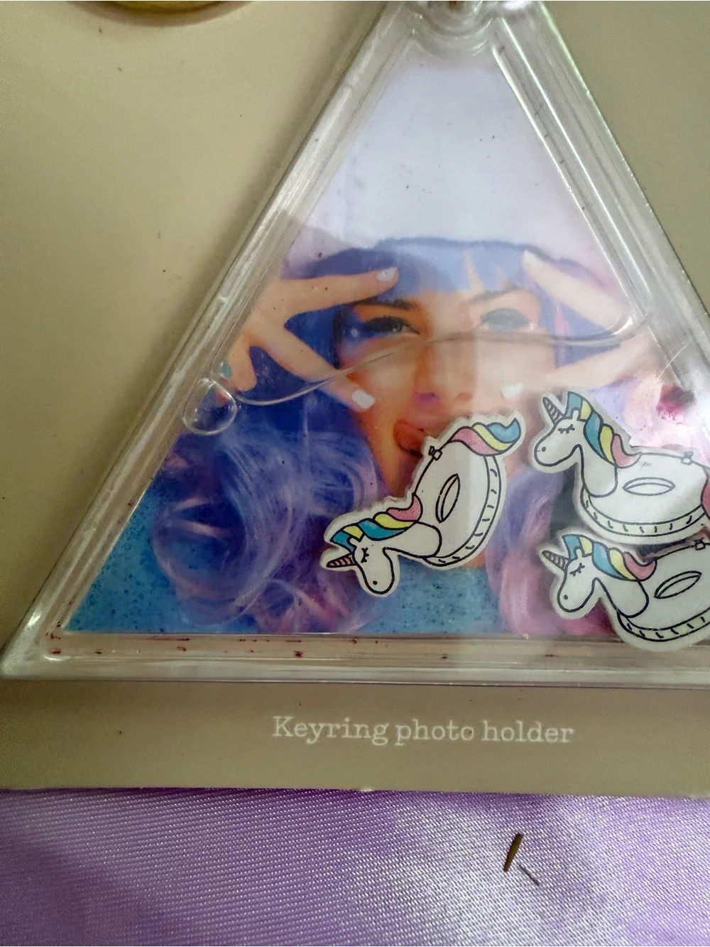 Aqua Gold & Purple Unicorn Triangle Keyring Photo Holder